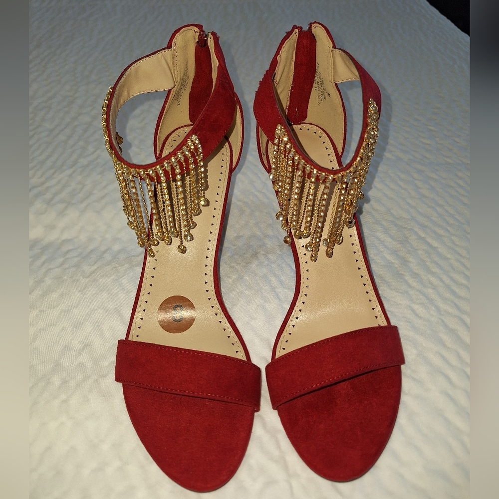 Elegant Adrienne Vittadini Suede Red with Dangling Gold Jeweled Accents